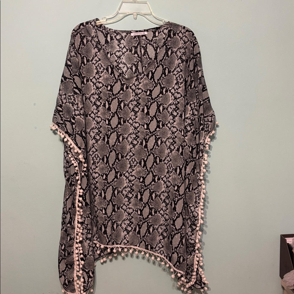 Snake Print Tunic cover up with Pom Pom Trim